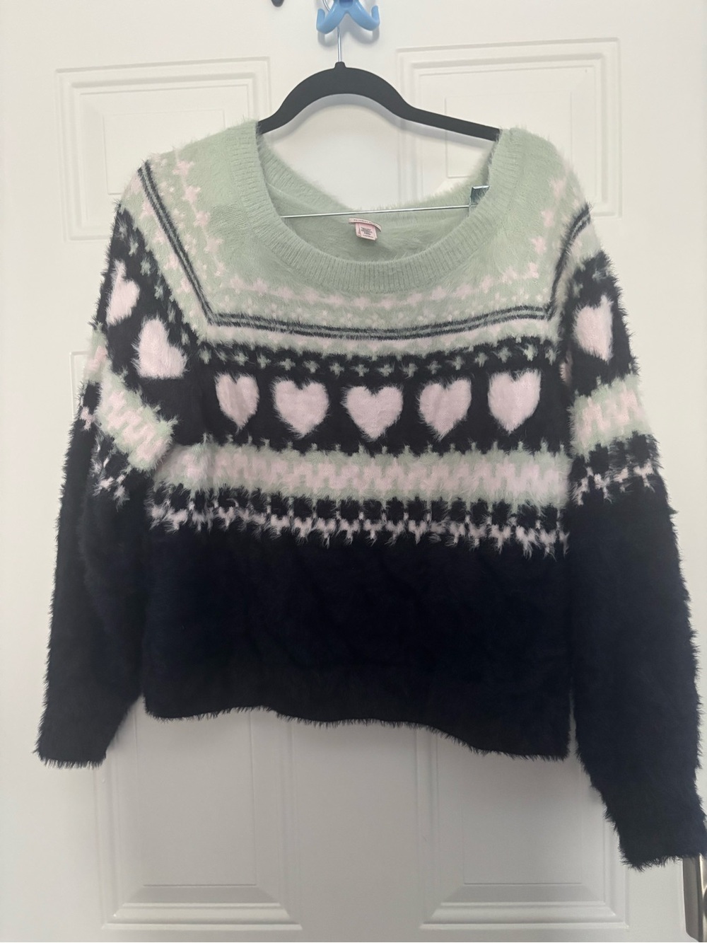 Victoria's Secret Mint, Pink & Black Heart Pattern Crewneck Sweater